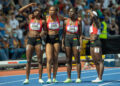 Team Ghana looks at the big screen after finishing in the women's 4x100m relay final during Athletics Track & Field on day ten of the Birmingham 2022 Commonwealth Games at Alexander Stadium on August 7, 2022 on the Birmingham, United Kingdom. (Photo by Steve Christo - Corbis/Corbis via Getty Images)