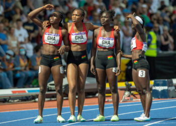 Team Ghana looks at the big screen after finishing in the women's 4x100m relay final during Athletics Track & Field on day ten of the Birmingham 2022 Commonwealth Games at Alexander Stadium on August 7, 2022 on the Birmingham, United Kingdom. (Photo by Steve Christo - Corbis/Corbis via Getty Images)