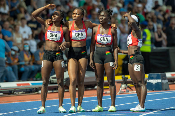 Team Ghana looks at the big screen after finishing in the women's 4x100m relay final during Athletics Track & Field on day ten of the Birmingham 2022 Commonwealth Games at Alexander Stadium on August 7, 2022 on the Birmingham, United Kingdom. (Photo by Steve Christo - Corbis/Corbis via Getty Images)