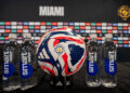 A close up of adidas FIFA Club World Cup 2025 Soccer Ball and bottle of water, Glaceau Smartwater at press conference at Hard Rock Stadium on June 13, 2025 in Miami Gardens, Florida. Photo by Sebastian Frej/Getty Images