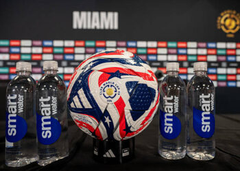 A close up of adidas FIFA Club World Cup 2025 Soccer Ball and bottle of water, Glaceau Smartwater at press conference at Hard Rock Stadium on June 13, 2025 in Miami Gardens, Florida. Photo by Sebastian Frej/Getty Images