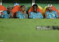 (L to R) Brazil's defender #02 Wesley, forward #11 Raphinha, forward #07 Vinicius Jr and forward #10 Neymar watch from the bench during the international friendly football match between Brazil and Panama (Photo by Mauro PIMENTEL / AFP via Getty Images)