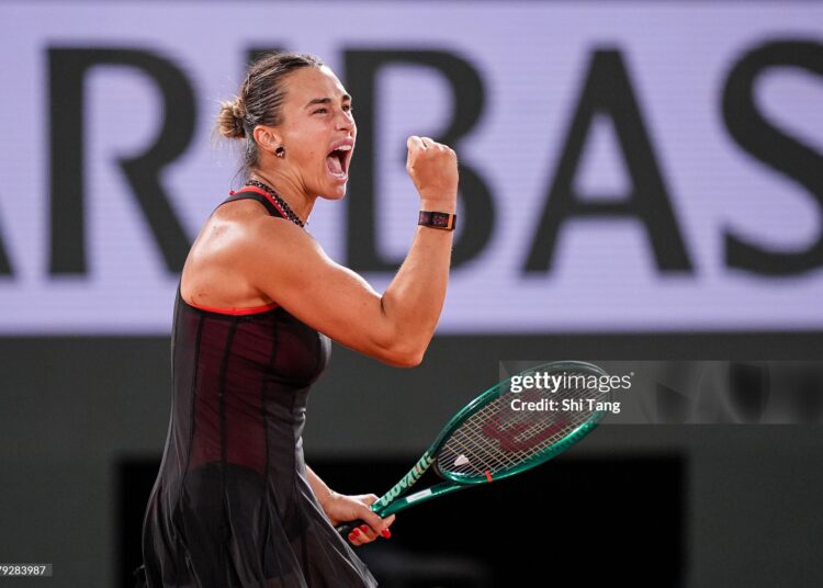 Aryna Sabalenka celebrates the victory in the Women's Singles Fourth Round match against Naomi Osaka of Japan during Day nine of the 2026 French Open at Roland Garros (Photo by Shi Tang/Getty Images)
