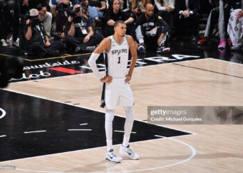 SAN ANTONIO, TX - JUNE 5: Victor Wembanyama #1 of the San Antonio Spurs looks on during the game against the New York Knicks during Game Two of the 2026 NBA Finals on June 5, 2026 at Frost Bank Center in San Antonio, Texas. NOTE TO USER: User expressly acknowledges and agrees that, by downloading and or using this photograph, User is consenting to the terms and conditions of the Getty Images License Agreement. Mandatory Copyright Notice: Copyright 2026 NBAE(Photo by Michael Gonzales/NBAE via Getty Images)