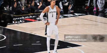 SAN ANTONIO, TX - JUNE 5: Victor Wembanyama #1 of the San Antonio Spurs looks on during the game against the New York Knicks during Game Two of the 2026 NBA Finals on June 5, 2026 at Frost Bank Center in San Antonio, Texas. NOTE TO USER: User expressly acknowledges and agrees that, by downloading and or using this photograph, User is consenting to the terms and conditions of the Getty Images License Agreement. Mandatory Copyright Notice: Copyright 2026 NBAE(Photo by Michael Gonzales/NBAE via Getty Images)