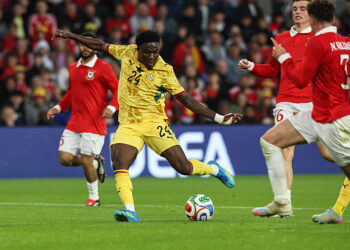 Ernest Nuamah of Ghana shoots for goal during the international friendly match between Wales and Ghana at Cardiff City Stadium on June 02, 2026 in Cardiff, Wales. (Photo by Huw Fairclough/Getty Images)