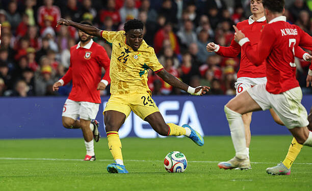 Ernest Nuamah of Ghana shoots for goal during the international friendly match between Wales and Ghana at Cardiff City Stadium on June 02, 2026 in Cardiff, Wales. (Photo by Huw Fairclough/Getty Images)