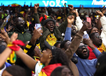 Fans of Ghana celebrate their goal during the international friendly match between Wales and Ghana at Cardiff City Stadium on June 02, 2026 in Cardiff, Wales. (Photo by Warren Little/Getty Images)