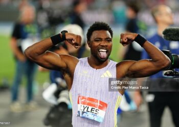 Noah Lyles of the United States celebrates the victory in the Men's 100 final during the Golden Gala Pietro Mennea, part of the 2026 Wanda Diamond League (Photo by Pier Marco Tacca/Getty Images)