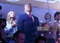 US President Donald Trump attends Game Three of the NBA Finals between the San Antonio Spurs and the New York Knicks at Madison Square Garden (Photo by SAUL LOEB / AFP via Getty Images)