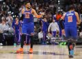 Karl-Anthony Towns #32 of the New York Knicks reacts during the third quarter against the San Antonio Spurs in Game Two of the 2026 NBA Finals (Photo by Gregory Shamus/Getty Images)