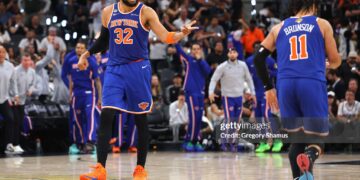 Karl-Anthony Towns #32 of the New York Knicks reacts during the third quarter against the San Antonio Spurs in Game Two of the 2026 NBA Finals (Photo by Gregory Shamus/Getty Images)