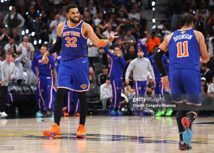 Karl-Anthony Towns #32 of the New York Knicks reacts during the third quarter against the San Antonio Spurs in Game Two of the 2026 NBA Finals (Photo by Gregory Shamus/Getty Images)