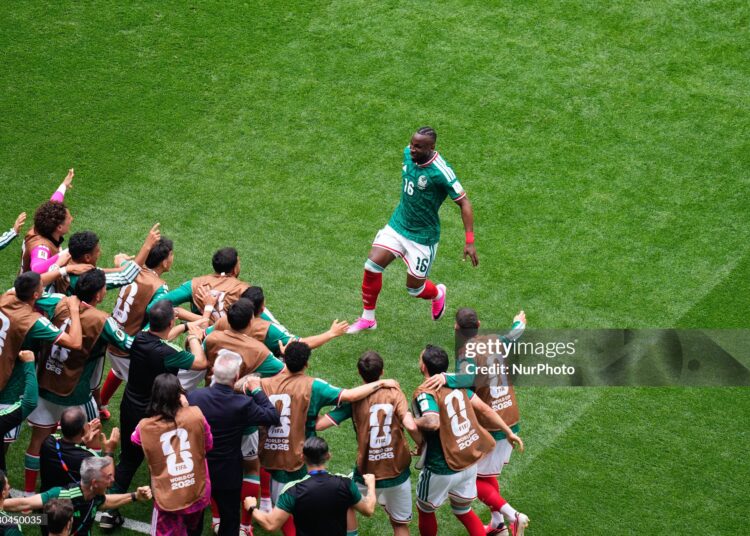 Julian Quinones of Mexico celebrates a goal with teammates during the FIFA World Cup 2026 Group A match between Mexico and South Africa (Photo by Jose Breton/Pics Action/NurPhoto via Getty Images)