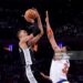 Victor Wembanyama #1 of the San Antonio Spurs shoots the ball over Karl-Anthony Towns #32 of the New York Knicks during the second quarter in Game Three of the 2026 NBA Finals at Madison Square Garden (Photo by Al Bello/Getty Images)