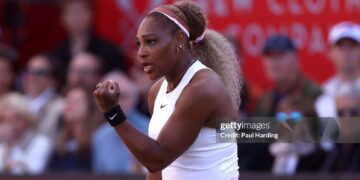 Serena Williams of the United States celebrates a point with Victoria Mboko of Canada (out of frame) against Nicole Melichar-Martinez of the United States and Erin Routliffe of New Zealand during the Women's Doubles first round match on Day Two of the HSBC Championships at The Queen's Club (Photo by Paul Harding/Getty Images)