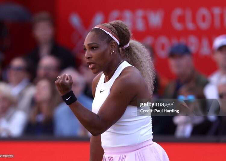 Serena Williams of the United States celebrates a point with Victoria Mboko of Canada (out of frame) against Nicole Melichar-Martinez of the United States and Erin Routliffe of New Zealand during the Women's Doubles first round match on Day Two of the HSBC Championships at The Queen's Club (Photo by Paul Harding/Getty Images)