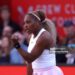 Serena Williams of the United States celebrates a point with Victoria Mboko of Canada (out of frame) against Nicole Melichar-Martinez of the United States and Erin Routliffe of New Zealand during the Women's Doubles first round match on Day Two of the HSBC Championships at The Queen's Club (Photo by Paul Harding/Getty Images)