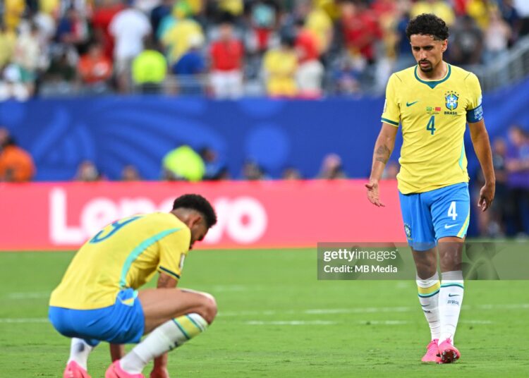 Marquinhos of Brazil looks dejected after the FIFA World Cup 2026 Group C match between Brazil and Morocco (Photo by MB Media/Getty Images)