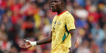 Thomas Partey of Ghana reacts during the International Friendly match between Wales and Ghana at the Cardiff City Stadium on June 02, 2026 in Cardiff, Wales. (Photo by Ryan Hiscott/Getty Images)