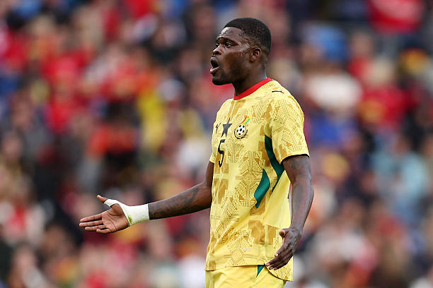 Thomas Partey of Ghana reacts during the International Friendly match between Wales and Ghana at the Cardiff City Stadium on June 02, 2026 in Cardiff, Wales. (Photo by Ryan Hiscott/Getty Images)