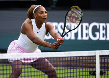 Serena Williams of the United States in action with partner Karolina Muchova of the Czech Republic against Giuliana Olmos of Mexico and Erin Routliffe of New Zealand in the first round of doubles on Day Two of the 2026 Berlin Tennis Open at LTTC Rot-Weiß e.V. on June 16, 2026 in Berlin, Germany (Photo by Robert Prange/Getty Images)