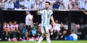 Soccer, Men, 2026 World Cup, Argentina vs. Algeria, Group Stage, Group J, Matchday 1, Kansas City Stadium, Lionel Messi (Argentina) celebrates after scoring the 1-0 goal. PLEASE NOTE: In accordance with FIFA regulations, these images may be used exclusively for editorial purposes. Commercial use is prohibited. Furthermore, no video-like sequences may be created, and no alterations may be made to the image, either in the foreground or the background. Photo: Tom Weller/dpa (Photo by Tom Weller/picture alliance via Getty Images)
