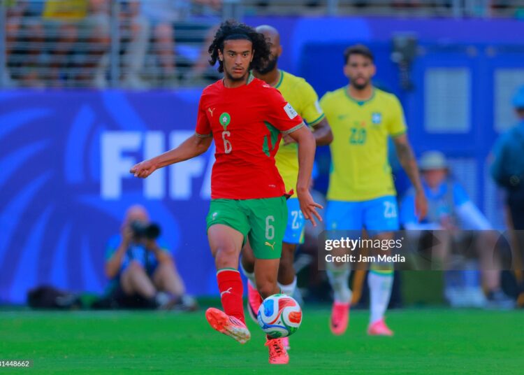 Ayyoub Bouaddi of Morocco controls the ball during the FIFA World Cup 2026 Group C match between Brazil and Morocco (Photo by Hugo Rivera/Jam Media/Getty Images)
