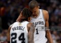 Devin Vassell #24 and Victor Wembanyama #1 of the San Antonio Spurs react during the fourth quarter against the New York Knicks in Game Five of the 2026 NBA Finals (Photo by Gregory Shamus/Getty Images)