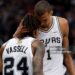Devin Vassell #24 and Victor Wembanyama #1 of the San Antonio Spurs react during the fourth quarter against the New York Knicks in Game Five of the 2026 NBA Finals (Photo by Gregory Shamus/Getty Images)