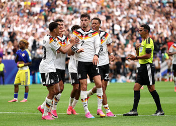 HOUSTON, TEXAS - JUNE 14: Kai Havertz #7 of Germany celebrates with teammates after scoring the team's third goal during the FIFA World Cup 2026 Group E match between Germany and Curacao at Houston Stadium on June 14, 2026 in Houston, Texas. (Photo by Lars Baron/Getty Images)