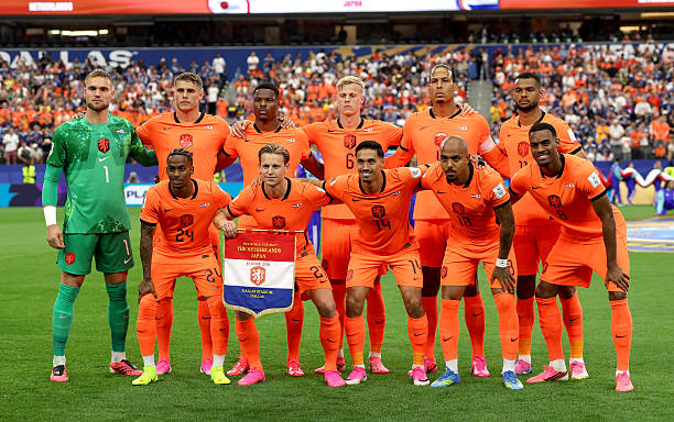 Netherlands players pose for a team photograph before the FIFA World Cup 2026 Group F match between Netherlands and Japan at Dallas Stadium on June 14, 2026 in Arlington, Texas. (Photo by Michael Steele/Getty Images)