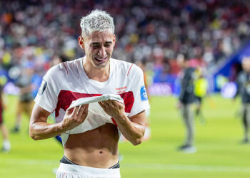 SANTA CLARA, CA - JUNE 19: Mert Muldur #18 of Turkiye cries after a loss in the FIFA World Cup 2026 Group D match between Turkiye and Paraguay on June 19, 2026 at San Francisco Bay Area Stadium in Santa Clara, CA. (Photo by Matthew Huang/Icon Sportswire via Getty Images)