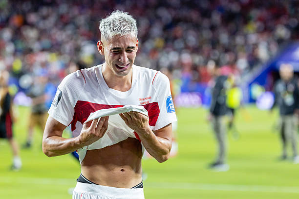 SANTA CLARA, CA - JUNE 19: Mert Muldur #18 of Turkiye cries after a loss in the FIFA World Cup 2026 Group D match between Turkiye and Paraguay on June 19, 2026 at San Francisco Bay Area Stadium in Santa Clara, CA. (Photo by Matthew Huang/Icon Sportswire via Getty Images)