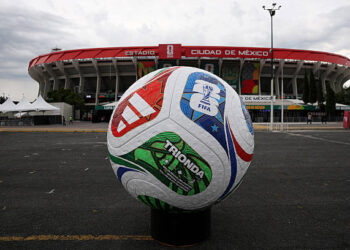 A large scale adidas Trionda match ball is seen outside the stadium after the press conference of Colombia one day ahead of the FIFA World Cup 2026 Group K match between Uzbekistan and Colombia at Mexico City Stadium on June 16, 2026 in Mexico City, Mexico. (Photo by Luke Hales/Getty Images)