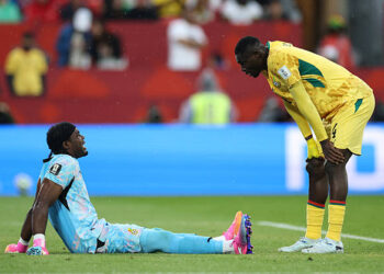 Lawrence Ati Zigi #1 and Jonas Adjetey #4 of Ghana talk during the FIFA World Cup 2026 Group L match between Ghana and Panama at Toronto Stadium on June 17, 2026 in Toronto, Ontario. (Photo by Ezra Shaw - FIFA/FIFA via Getty Images)