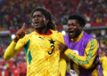 TORONTO, ONTARIO - JUNE 17: Caleb Yirenkyi #3 of Ghana celebrates with teammate Christopher Bonsu Baah #13 after scoring his team's first goal  during the FIFA World Cup 2026 Group L match between Ghana and Panama at Toronto Stadium on June 17, 2026 in Toronto, Ontario. (Photo by Robert Cianflone/Getty Images)
