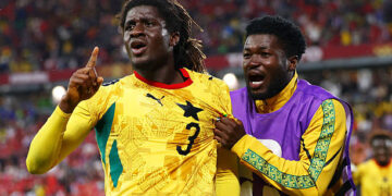 TORONTO, ONTARIO - JUNE 17: Caleb Yirenkyi #3 of Ghana celebrates with teammate Christopher Bonsu Baah #13 after scoring his team's first goal  during the FIFA World Cup 2026 Group L match between Ghana and Panama at Toronto Stadium on June 17, 2026 in Toronto, Ontario. (Photo by Robert Cianflone/Getty Images)