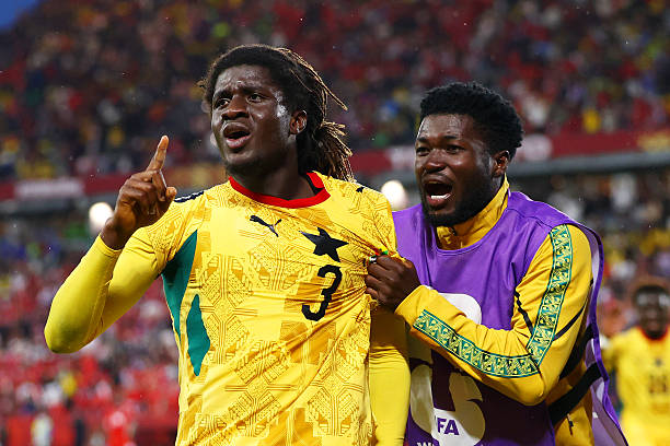TORONTO, ONTARIO - JUNE 17: Caleb Yirenkyi #3 of Ghana celebrates with teammate Christopher Bonsu Baah #13 after scoring his team's first goal during the FIFA World Cup 2026 Group L match between Ghana and Panama at Toronto Stadium on June 17, 2026 in Toronto, Ontario. (Photo by Robert Cianflone/Getty Images)