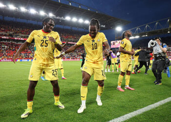 TORONTO, ONTARIO - JUNE 17: Prince Adu #25 and Brandon Thomas-Asante #10 of Ghana celebrate the team's 1-0 victory in the FIFA World Cup 2026 Group L match between Ghana and Panama at Toronto Stadium on June 17, 2026 in Toronto, Ontario. (Photo by Ezra Shaw - FIFA/FIFA via Getty Images)