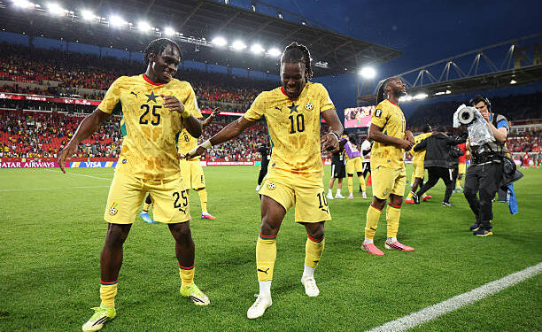 TORONTO, ONTARIO - JUNE 17: Prince Adu #25 and Brandon Thomas-Asante #10 of Ghana celebrate the team's 1-0 victory in the FIFA World Cup 2026 Group L match between Ghana and Panama at Toronto Stadium on June 17, 2026 in Toronto, Ontario. (Photo by Ezra Shaw - FIFA/FIFA via Getty Images)
