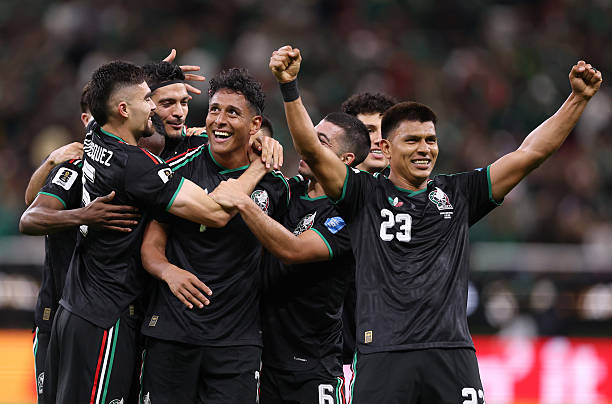 ZAPOPAN, MEXICO - JUNE 18: Luis Romo #7 of Mexico celebrates with teammates after scoring his team's first goal during the FIFA World Cup 2026 Group A match between Mexico and Korea Republic at Guadalajara Stadium on June 18, 2026 in Guadalajara, Mexico. (Photo by Luke Hales/Getty Images)