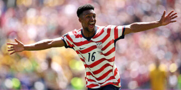 SEATTLE, WASHINGTON - JUNE 19: Alex Freeman #16 of the United States celebrates scoring his team's second goal during the FIFA World Cup 2026 Group D match between USA and Australia at Seattle Stadium on June 19, 2026 in Seattle, Washington. (Photo by Jared C. Tilton - FIFA/FIFA via Getty Images)
