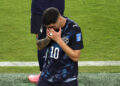 SANTA CLARA, CALIFORNIA - JUNE 19: Miguel Almiron #10 of Paraguay reacts after receiving a red card for covering his mouth while talking to another player during the FIFA World Cup 2026 Group D match between Türkiye and Paraguay at San Francisco Bay Area Stadium on June 19, 2026 in Santa Clara, California. (Photo by Stu Forster/Getty Images)