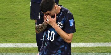 SANTA CLARA, CALIFORNIA - JUNE 19: Miguel Almiron #10 of Paraguay reacts after receiving a red card for covering his mouth while talking to another player during the FIFA World Cup 2026 Group D match between Türkiye and Paraguay at San Francisco Bay Area Stadium on June 19, 2026 in Santa Clara, California. (Photo by Stu Forster/Getty Images)