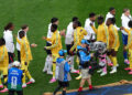 England's Djed Spence (left) appears to avoid a handshake with Ghana's Thomas Partey ahead of the FIFA World Cup Group L match at Boston Stadium. Former Arsenal midfielder Thomas Partey was heavily booed by England fans and Djed Spence appeared to snub a handshake with the Ghana international ahead of the clash in Boston. Picture date: Tuesday June 23, 2026. (Photo by Nick Potts/PA Images via Getty Images)