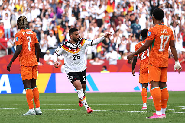 TORONTO, ONTARIO - JUNE 20: Deniz Undav #26 of Germany celebrates scoring his team's second goal during the FIFA World Cup 2026 Group E match between Germany and Cote D'Ivoire at Toronto Stadium on June 20, 2026 in Toronto, Ontario. (Photo by Ezra Shaw - FIFA/FIFA via Getty Images)