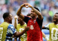 MIAMI GARDENS, FLORIDA - JUNE 21: Kevin Pina #6 of Cabo Verde celebrates with teammates after scoring the team's first goal during the FIFA World Cup 2026 Group H match between Uruguay and Cabo Verde at Miami Stadium on June 21, 2026 in Miami Gardens, Florida. (Photo by Carmen Mandato - FIFA/FIFA via Getty Images)