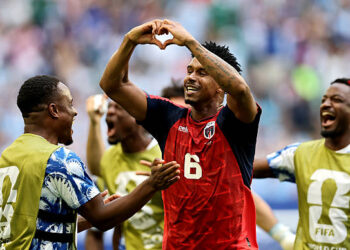 MIAMI GARDENS, FLORIDA - JUNE 21: Kevin Pina #6 of Cabo Verde celebrates with teammates after scoring the team's first goal during the FIFA World Cup 2026 Group H match between Uruguay and Cabo Verde at Miami Stadium on June 21, 2026 in Miami Gardens, Florida. (Photo by Carmen Mandato - FIFA/FIFA via Getty Images)