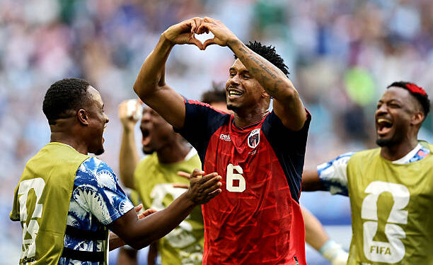 MIAMI GARDENS, FLORIDA - JUNE 21: Kevin Pina #6 of Cabo Verde celebrates with teammates after scoring the team's first goal during the FIFA World Cup 2026 Group H match between Uruguay and Cabo Verde at Miami Stadium on June 21, 2026 in Miami Gardens, Florida. (Photo by Carmen Mandato - FIFA/FIFA via Getty Images)